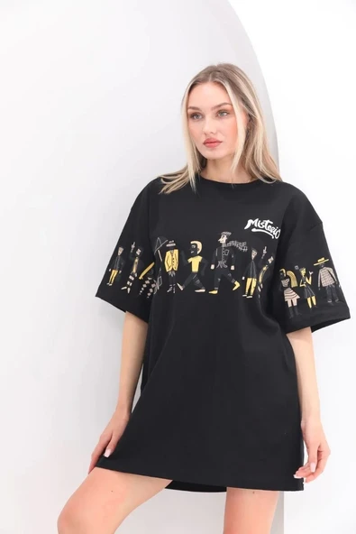 Unisex Bisiklet Yaka Baskılı Oversize T-Shirt - Siyah - Resim 4