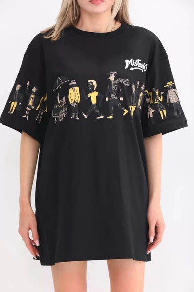 Unisex Bisiklet Yaka Baskılı Oversize T-Shirt - Siyah - Resim 3