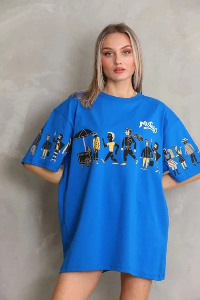 Unisex Bisiklet Yaka Baskılı Oversize T-Shirt - Mavi - Resim 5