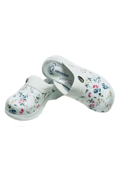 HİPOKRAT Yeni Beyaz Çiçekli Ortopedik Sabo Terlik Doktor Hemşire Hastane Terliği Beyaz Tokalı 37 - Resim 2