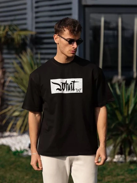 Unisex Bisiklet Yaka Baskılı Oversize T-Shirt - Siyah ürün görseli