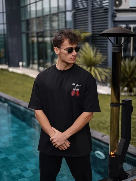 Unisex Bisiklet Yaka Baskılı Oversize T-Shirt - Siyah ürün görseli 1