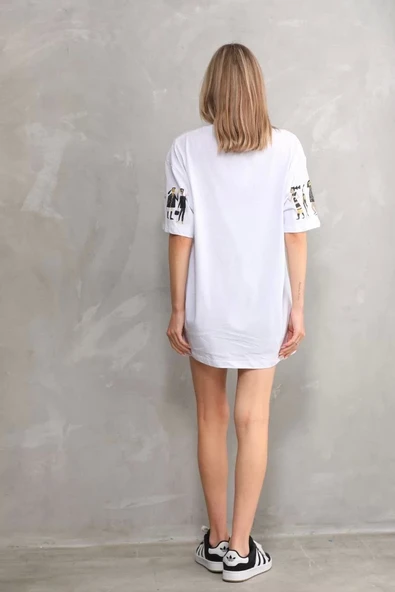 Unisex Bisiklet Yaka Baskılı Oversize T-Shirt - Beyaz - Resim 7