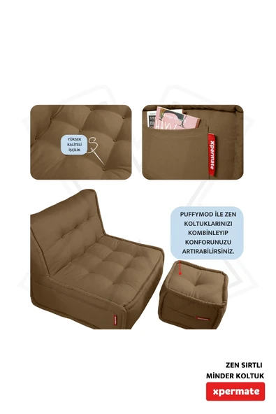 Xpermate Zen Berjer Sırtlı Minder Koltuk İskandinav Tarzı Ergonomik Yer Koltuğu Oturma Minderi 80X60 Kahverengi - 4