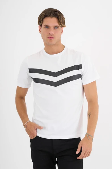 Erkek Beyaz Baskılı %100 Pamuklu Standart Kalıp T-sihrt - 5