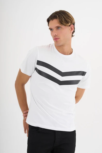 Erkek Beyaz Baskılı %100 Pamuklu Standart Kalıp T-sihrt - 6