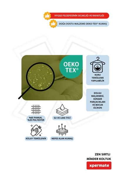 Xpermate Zen Berjer Sırtlı Minder Koltuk İskandinav Tarzı Ergonomik Yer Koltuğu Oturma Minderi 80X60 Yeşil - Resim 3