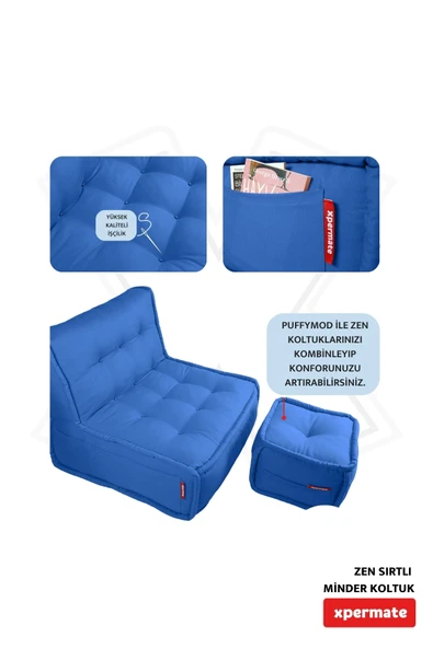 Xpermate Zen Berjer Sırtlı Minder Koltuk İskandinav Tarzı Ergonomik Yer Koltuğu Oturma Minderi 80X60 Mavi - 4
