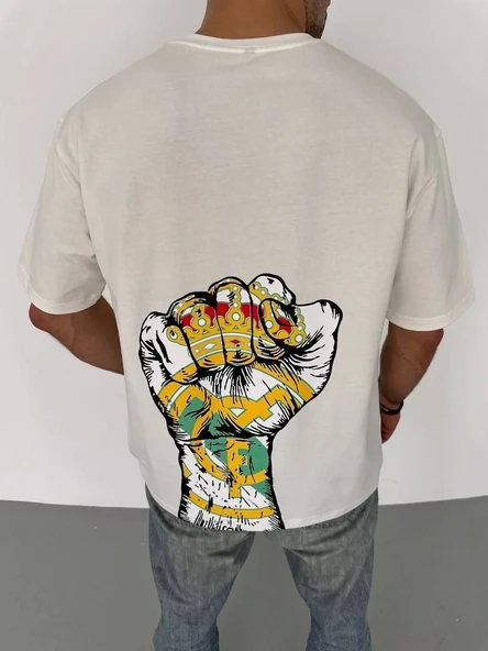 Unisex Bisiklet Yaka Baskılı Oversize T-Shirt - Beyaz - Resim 3