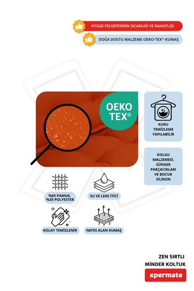 Xpermate Zen Berjer Sırtlı Minder Koltuk İskandinav Tarzı Ergonomik Yer Koltuğu Oturma Minderi 80X60 Kiremit - Resim 3