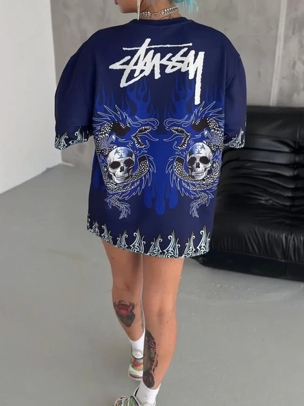 Unisex Bisiklet Yaka Baskılı Oversize T-Shirt - Lacivert - Resim 4