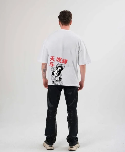 Unisex Bisiklet Yaka Baskılı Oversize T-Shirt - Beyaz - Resim 2