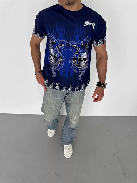 Unisex Bisiklet Yaka Baskılı Oversize T-Shirt - Lacivert ürün görseli 1