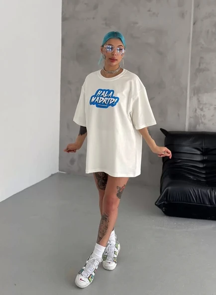 Unisex Bisiklet Yaka Baskılı Oversize T-Shirt - Beyaz ürün görseli 1