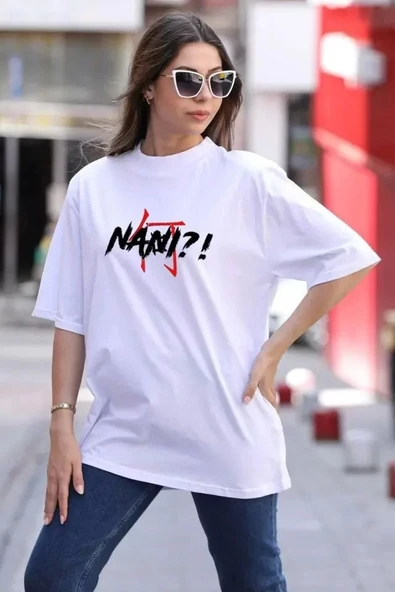 Unisex Bisiklet Yaka Baskılı Oversize T-Shirt - Beyaz ürün görseli 1