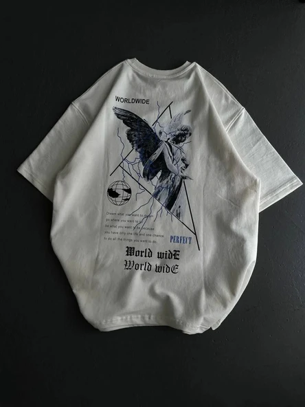 Unisex Bisiklet Yaka Baskılı Oversize T-Shirt - Beyaz - Resim 2