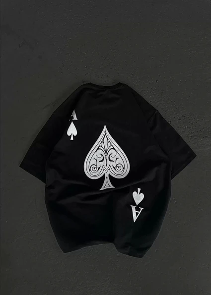 Unisex Bisiklet Yaka Baskılı Oversize T-Shirt - Siyah - Resim 2