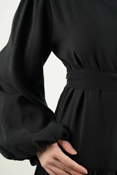 Tesettür Ceket Bel Kuşaklı Alt Fırfır Detaylı Balon Kol Fermuarlı Ceket Siyah - 5