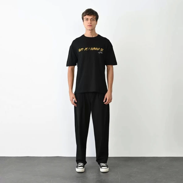 Unisex Bisiklet Yaka Baskılı Oversize T-Shirt - Siyah ürün görseli 1