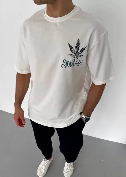 Unisex Bisiklet Yaka Baskılı Oversize T-Shirt - Beyaz ürün görseli 1