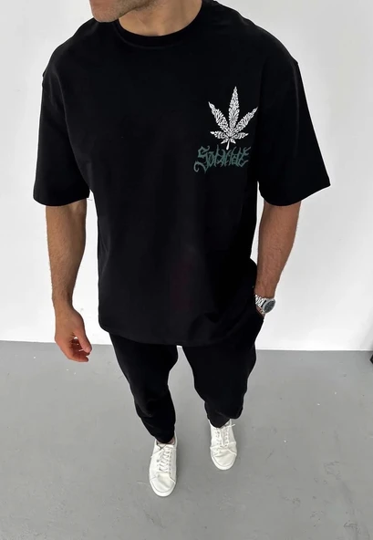 Unisex Bisiklet Yaka Baskılı Oversize T-Shirt - Siyah ürün görseli