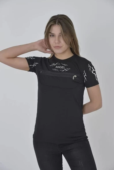 Unisex Göğüs Fermuarlı Baskılı T-Shirt - Siyah ürün görseli 1
