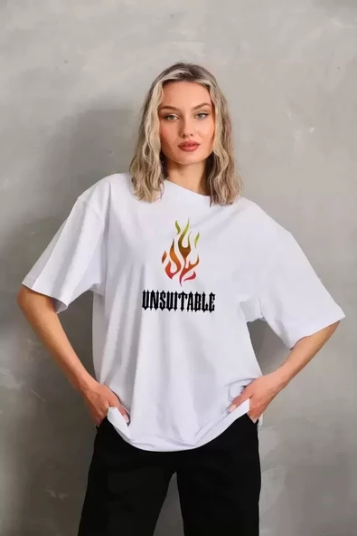 Unisex Bisiklet Yaka Baskılı Oversize T-Shirt - Beyaz ürün görseli 1