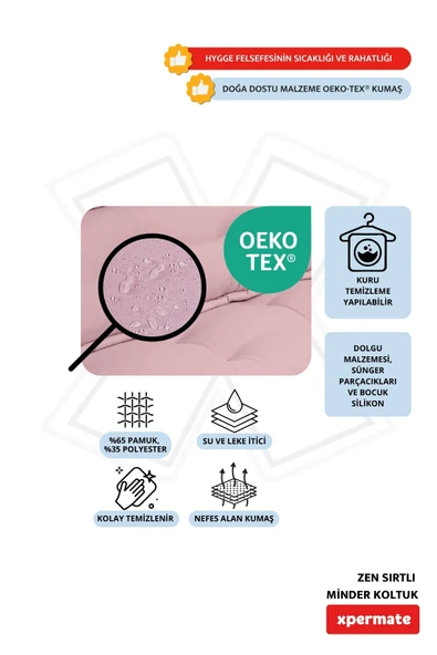 Xpermate Zen Berjer Sırtlı Minder Koltuk İskandinav Tarzı Ergonomik Yer Koltuğu Oturma Minderi 80X60 Pembe - Resim 3