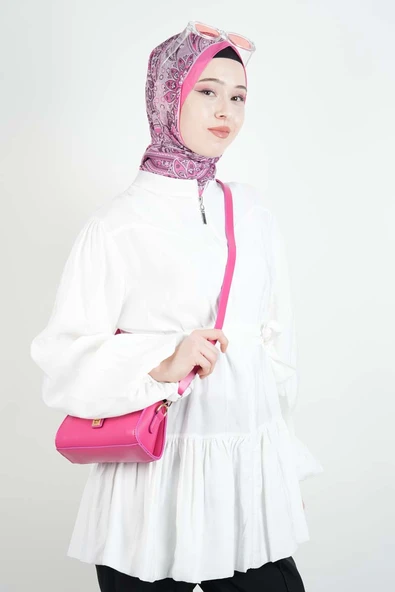 Tesettür Ceket Bel Kuşaklı Alt Fırfır Detaylı Balon Kol Fermuarlı Ceket Beyaz - 3