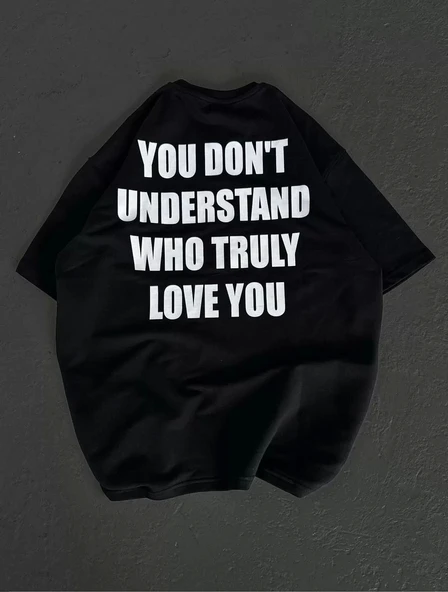 Unisex Bisiklet Yaka Baskılı Oversize T-Shirt - Siyah - Resim 2