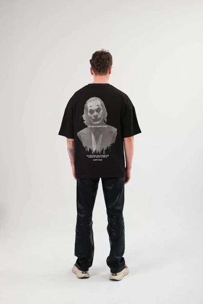 Unisex Bisiklet Yaka Baskılı Oversize T-Shirt - Siyah - Resim 3