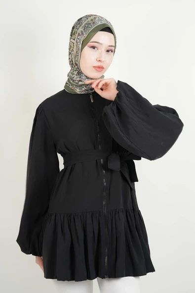Tesettür Ceket Bel Kuşaklı Alt Fırfır Detaylı Balon Kol Fermuarlı Ceket Siyah - 3