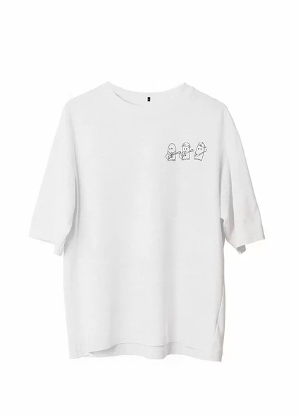 Unisex Bisiklet Yaka Baskılı Oversize T-Shirt - Beyaz ürün görseli