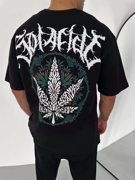 Unisex Bisiklet Yaka Baskılı Oversize T-Shirt - Siyah - Resim 3