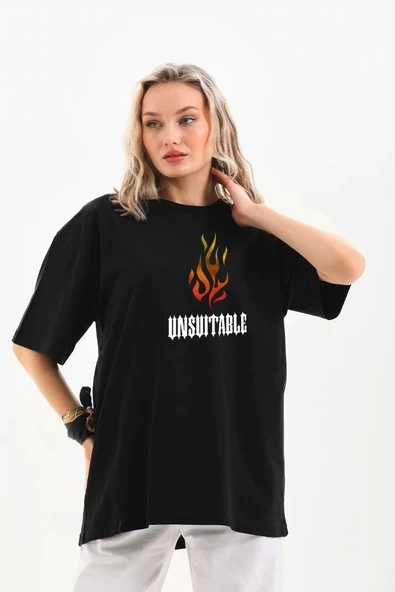 Unisex Bisiklet Yaka Baskılı Oversize T-Shirt - Siyah ürün görseli 1