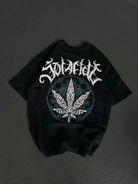 Unisex Bisiklet Yaka Baskılı Oversize T-Shirt - Siyah - Resim 2