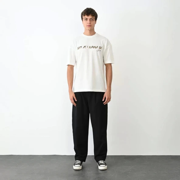 Unisex Bisiklet Yaka Baskılı Oversize T-Shirt - Beyaz ürün görseli