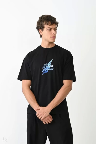 Unisex Bisiklet Yaka Baskılı Oversize T-Shirt - Siyah ürün görseli