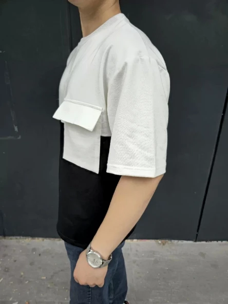 Unisex Torba Cep Detaylı Parçalı T-Shirt - Siyah - Resim 3