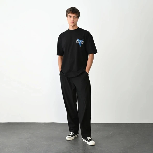 Unisex Bisiklet Yaka Baskılı Oversize T-Shirt - Siyah - Resim 4