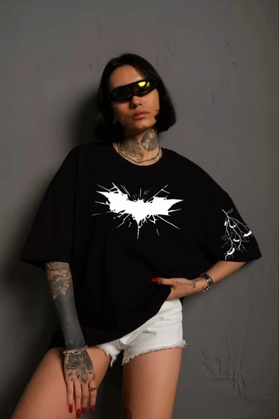 Unisex Ön ve Kol Baskılı Oversize T-shirt - Siyah ürün görseli 1