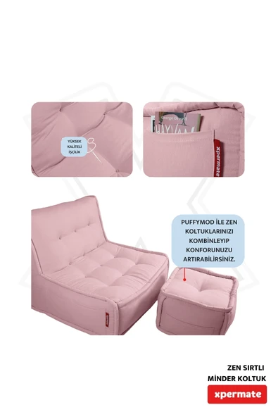 Xpermate Zen Berjer Sırtlı Minder Koltuk İskandinav Tarzı Ergonomik Yer Koltuğu Oturma Minderi 80X60 Pembe - Resim 4