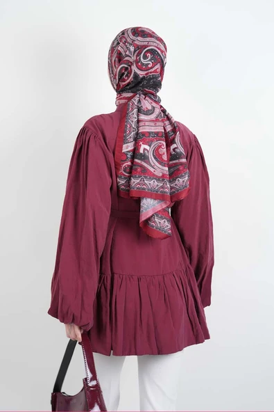 Tesettür Ceket Bel Kuşaklı Alt Fırfır Detaylı Balon Kol Fermuarlı Ceket Bordo - 5