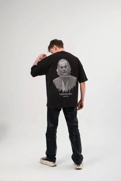 Unisex Bisiklet Yaka Baskılı Oversize T-Shirt - Siyah - Resim 2