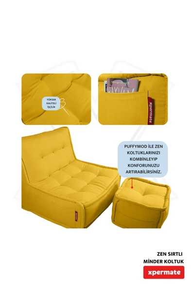 Xpermate Zen Berjer Sırtlı Minder Koltuk İskandinav Tarzı Ergonomik Yer Koltuğu Oturma Minderi 80X60 Sarı - 4