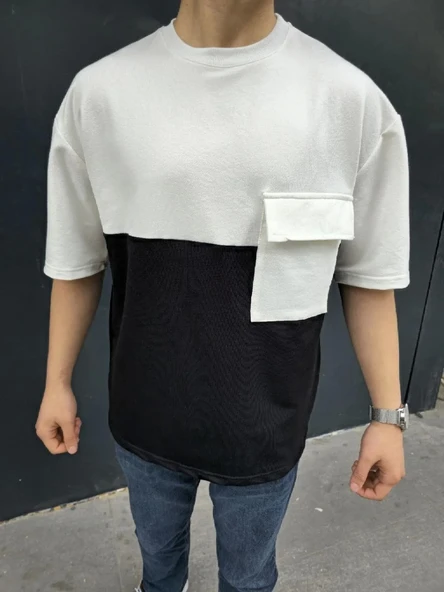 Unisex Torba Cep Detaylı Parçalı T-Shirt - Siyah - Resim 7