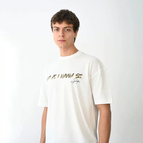 Unisex Bisiklet Yaka Baskılı Oversize T-Shirt - Beyaz - Resim 3