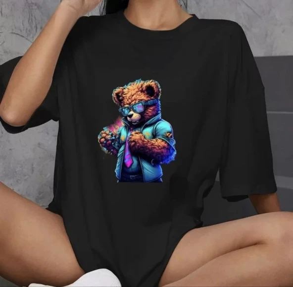 Unisex Bisiklet Yaka Baskılı Oversize T-Shirt - Siyah ürün görseli 1