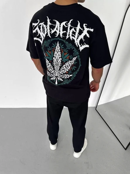 Unisex Bisiklet Yaka Baskılı Oversize T-Shirt - Siyah - Resim 2