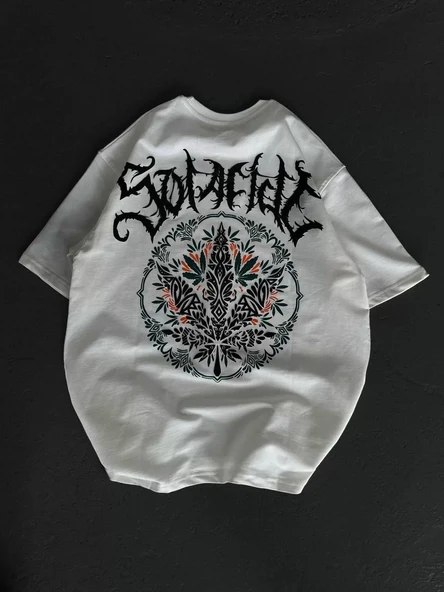 Unisex Bisiklet Yaka Baskılı Oversize T-Shirt - Beyaz - Resim 2